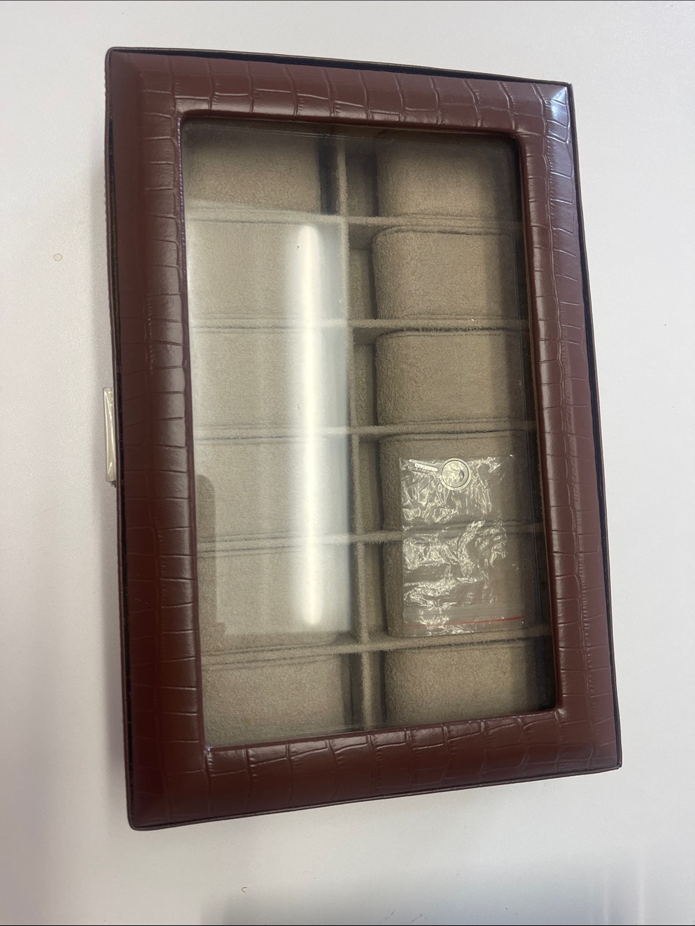 Brown Croc-Embossed Jewelry Display Case with Glass Top